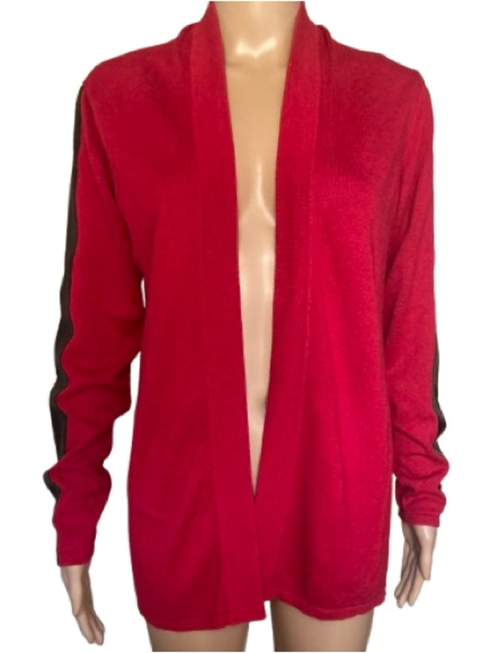 Bianca Nygard Red Open Front Knit Cardigan Faux Leather Stripe Sleeves M